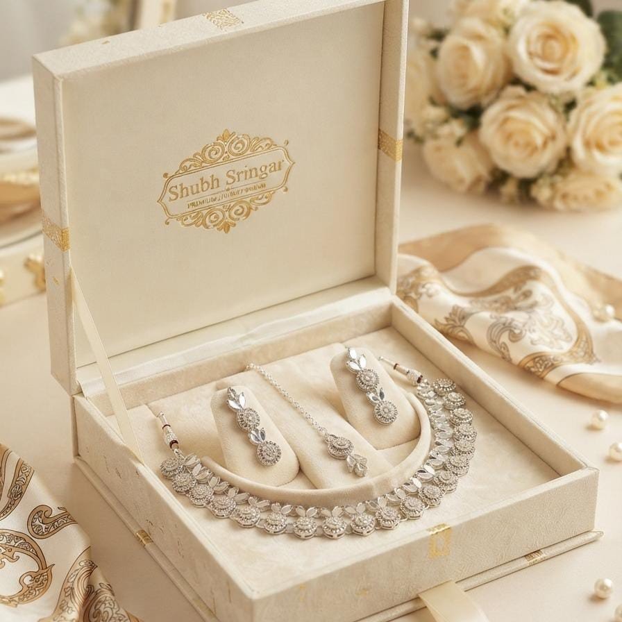 Shubh Shringar Floral Crystal Choker Necklace Set - Silver Plated Bridal Jewelry Set with Earrings & Pendant in Premium Gift Box